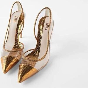 ZARA BRONZE METALLIC VINYL HEELS PUMPS